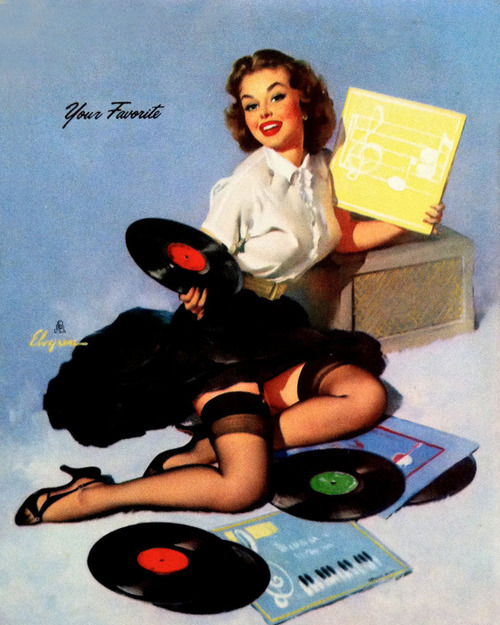 50s pretty pin up model wearing skirt, looking through vinyl recods, I bet she's looking at that new StrangeFlow record!