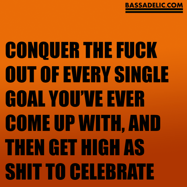 conquer the fuck out of every single goal you've ever come up with, and then get high as shit to celebrate (bassadelic motivation quote)
